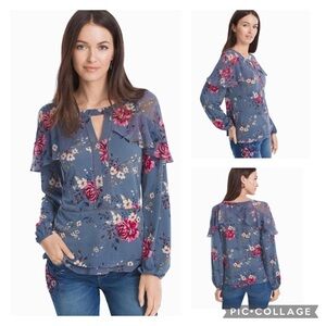 WHBM Long Sleeve Tiered Sleeve Floral Blouse in China Blue w/Rosewood